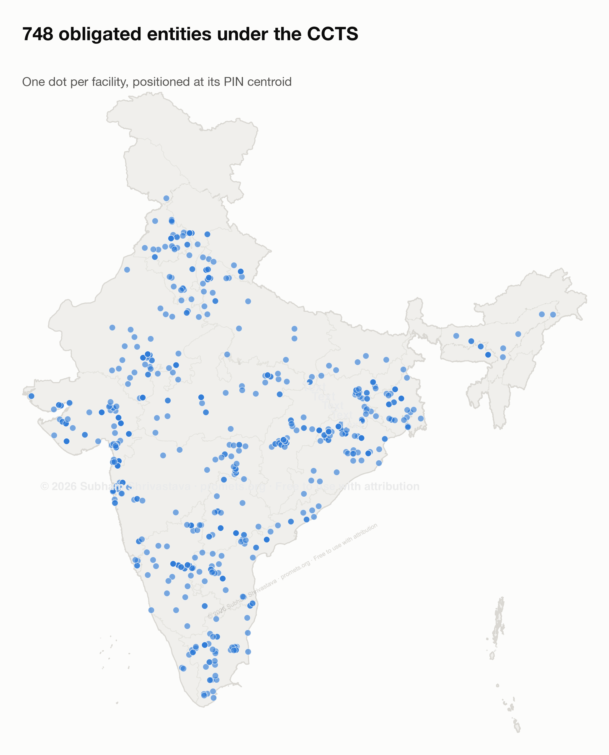 Dot map showing the locations of India's CCTS obligated entities across the country.