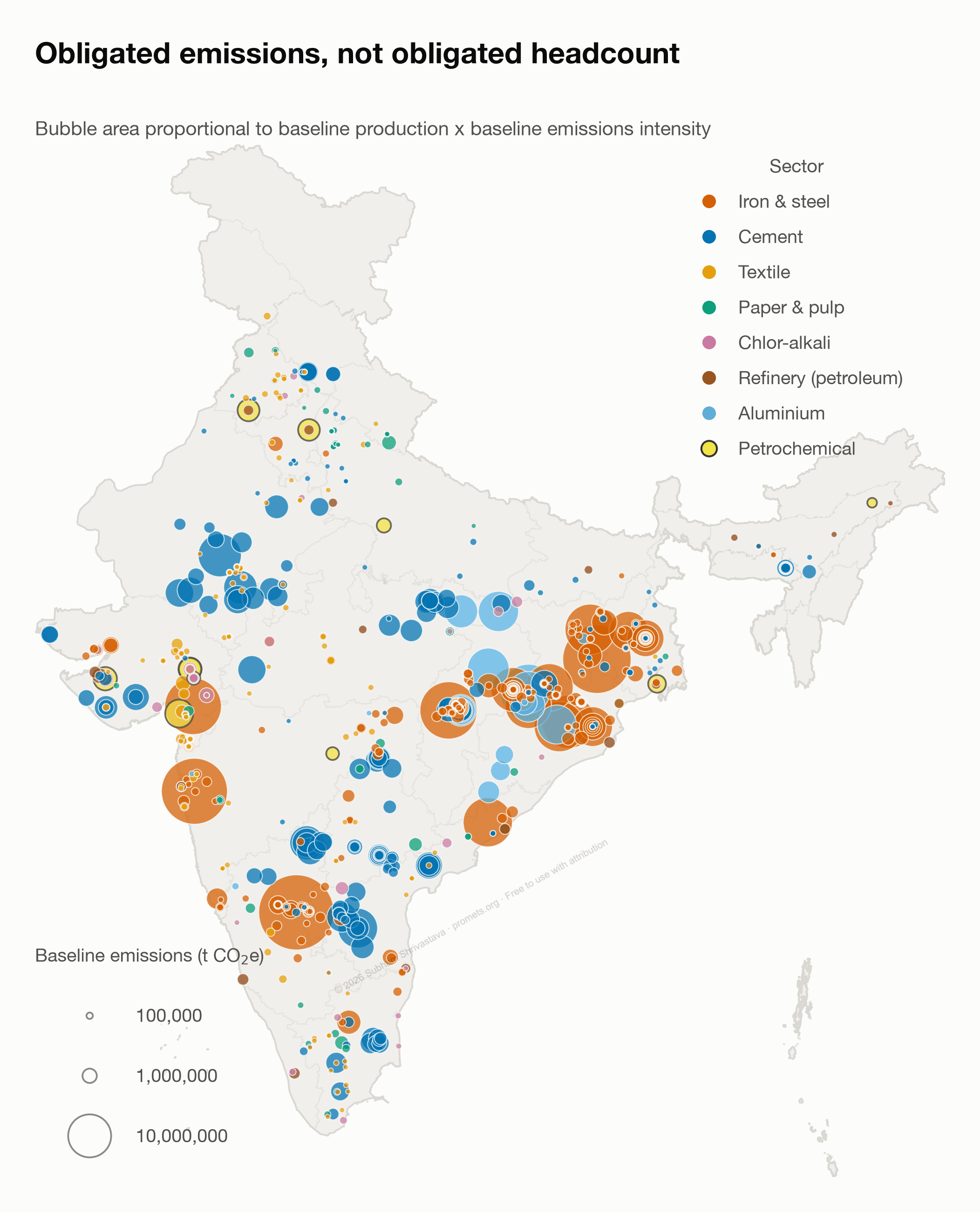 Map of India's CCTS obligated entities with bubble size weighted by baseline emissions.