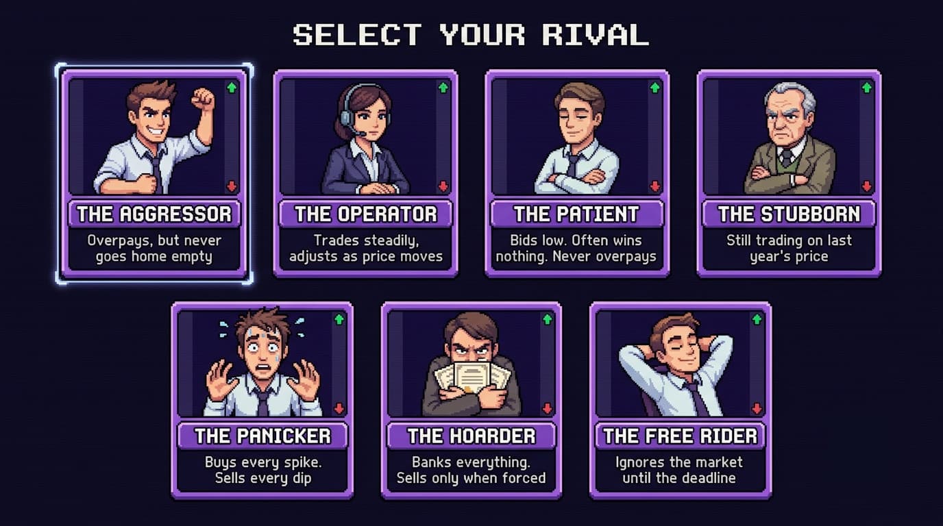 Retro arcade character-select screen for the Prometheus carbon trading bots: the Aggressor, the Operator, the Patient, the Stubborn, the Panicker, the Hoarder and the Free Rider, each drawn as a distinct trader portrait.